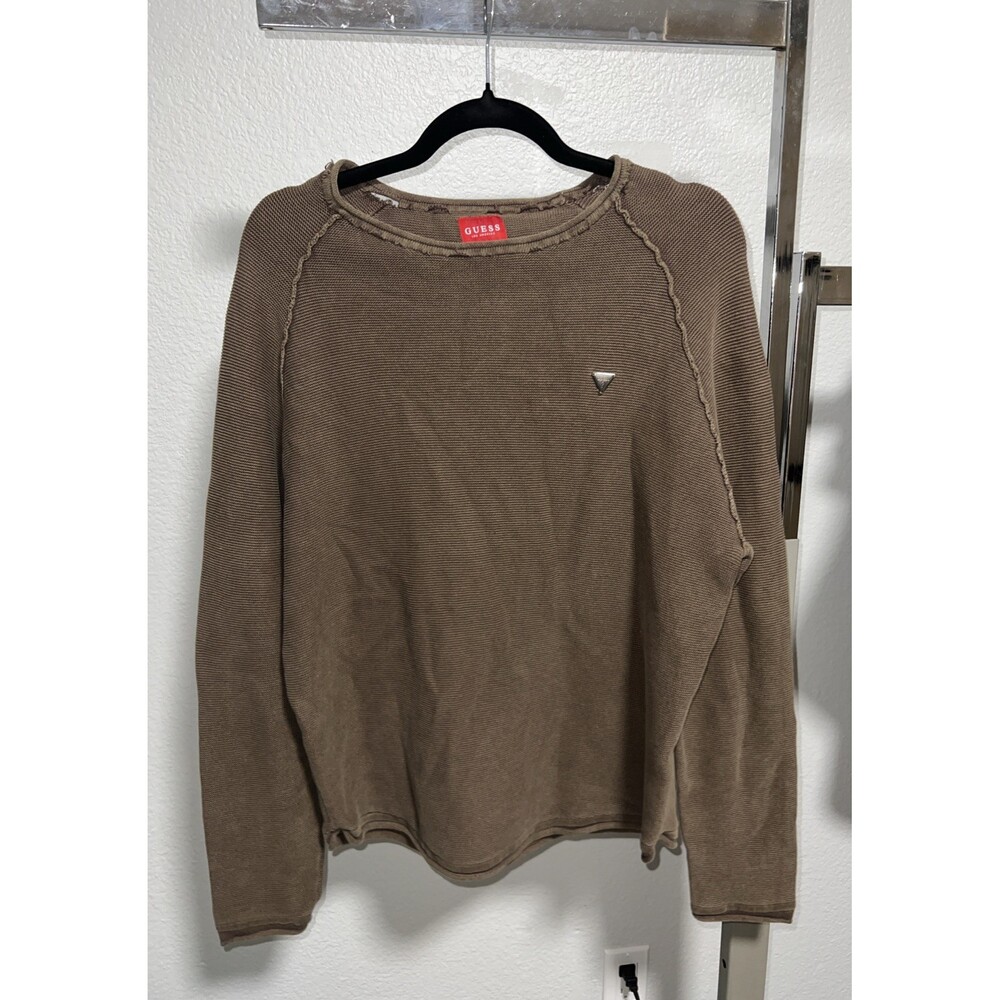 GUESS Men's Brown Knit Pullover Sweater Long Sleeve Logo Accent Size Large